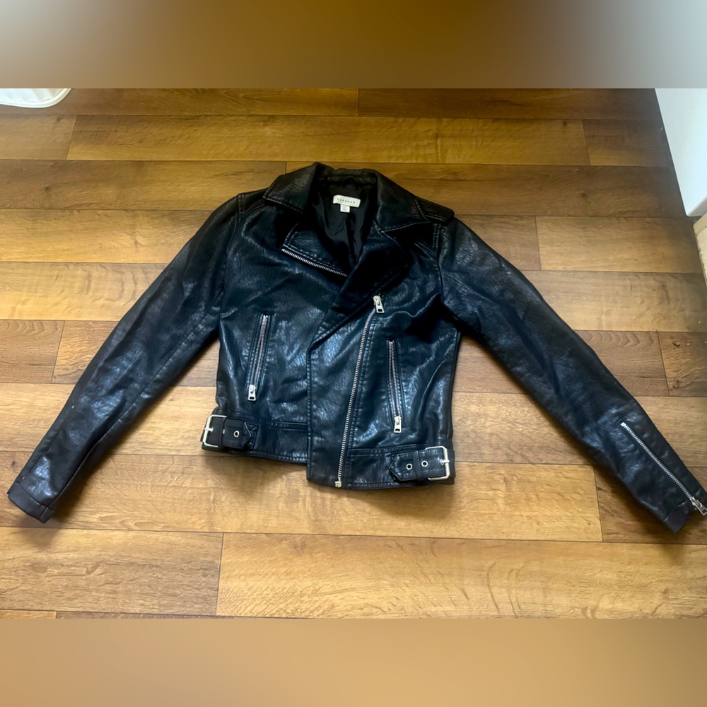 Topshop Black Faux Leather Moto Jacket with Silver Accents Size 2
